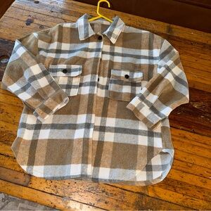 Casual Tan and White Plaid Button Down Shacket.